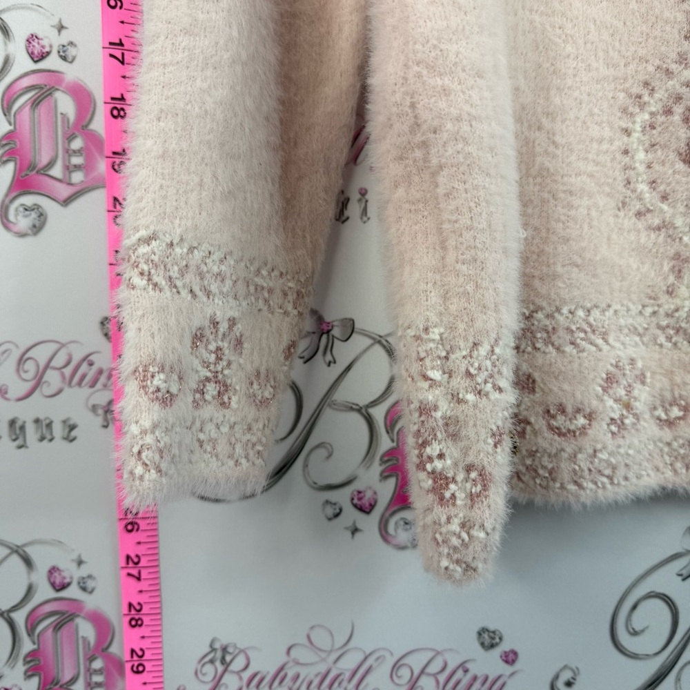 Ganpati sweater soft fuzzy furry Pale Pink Floral-Applique Crewneck Sweater - Picture 3 of 10